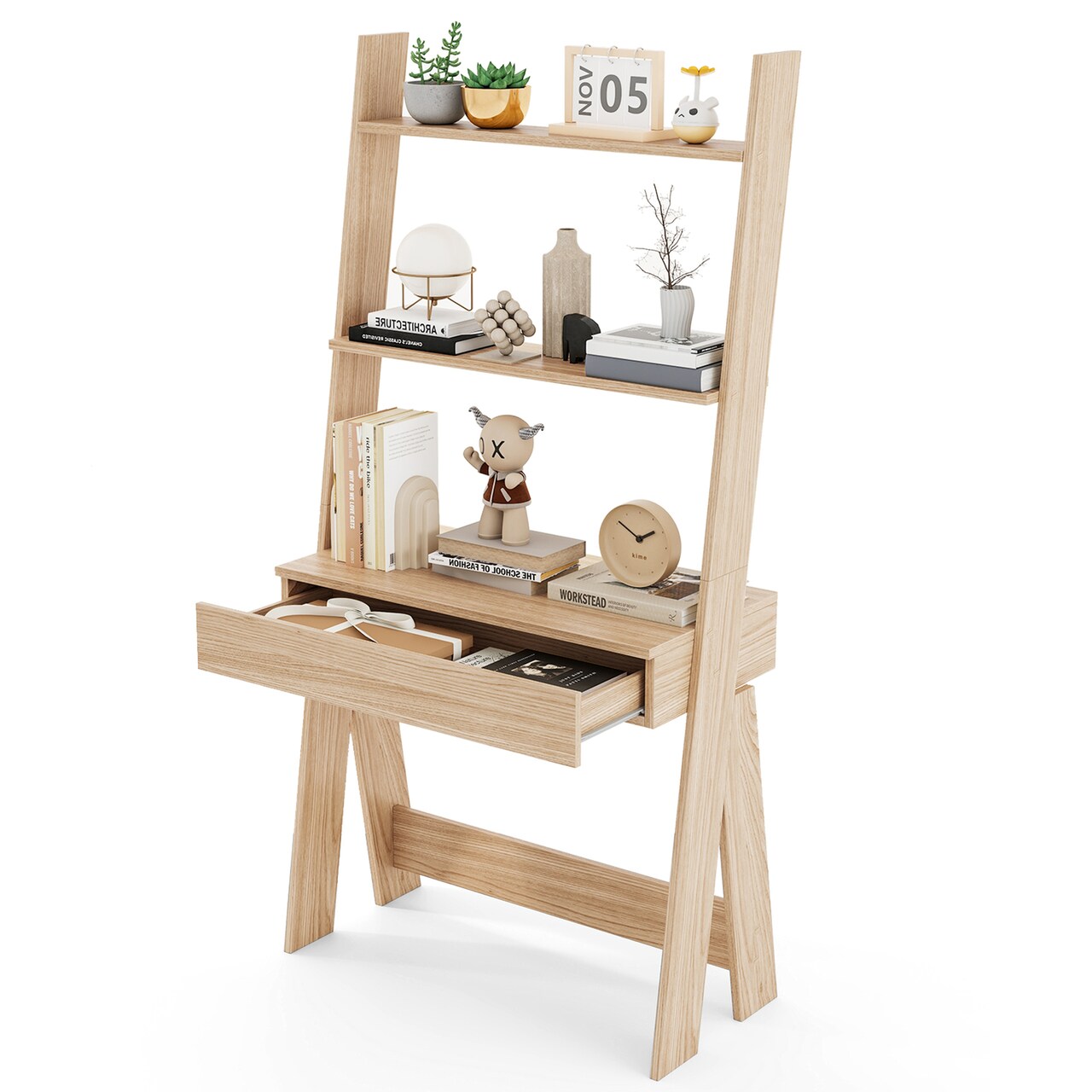 Costway Home Office Ladder Desk Wall-Leaning Laptop Workstation with Storage Shelves Natural/White/Walnut